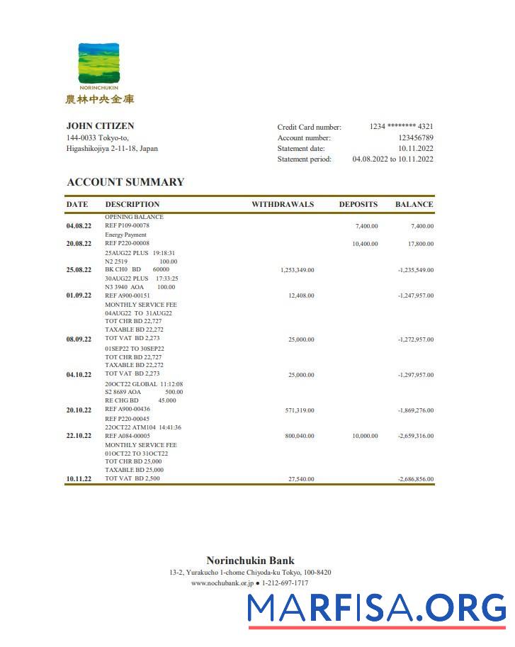 Blank Japan Norinchukin bank statement excel example